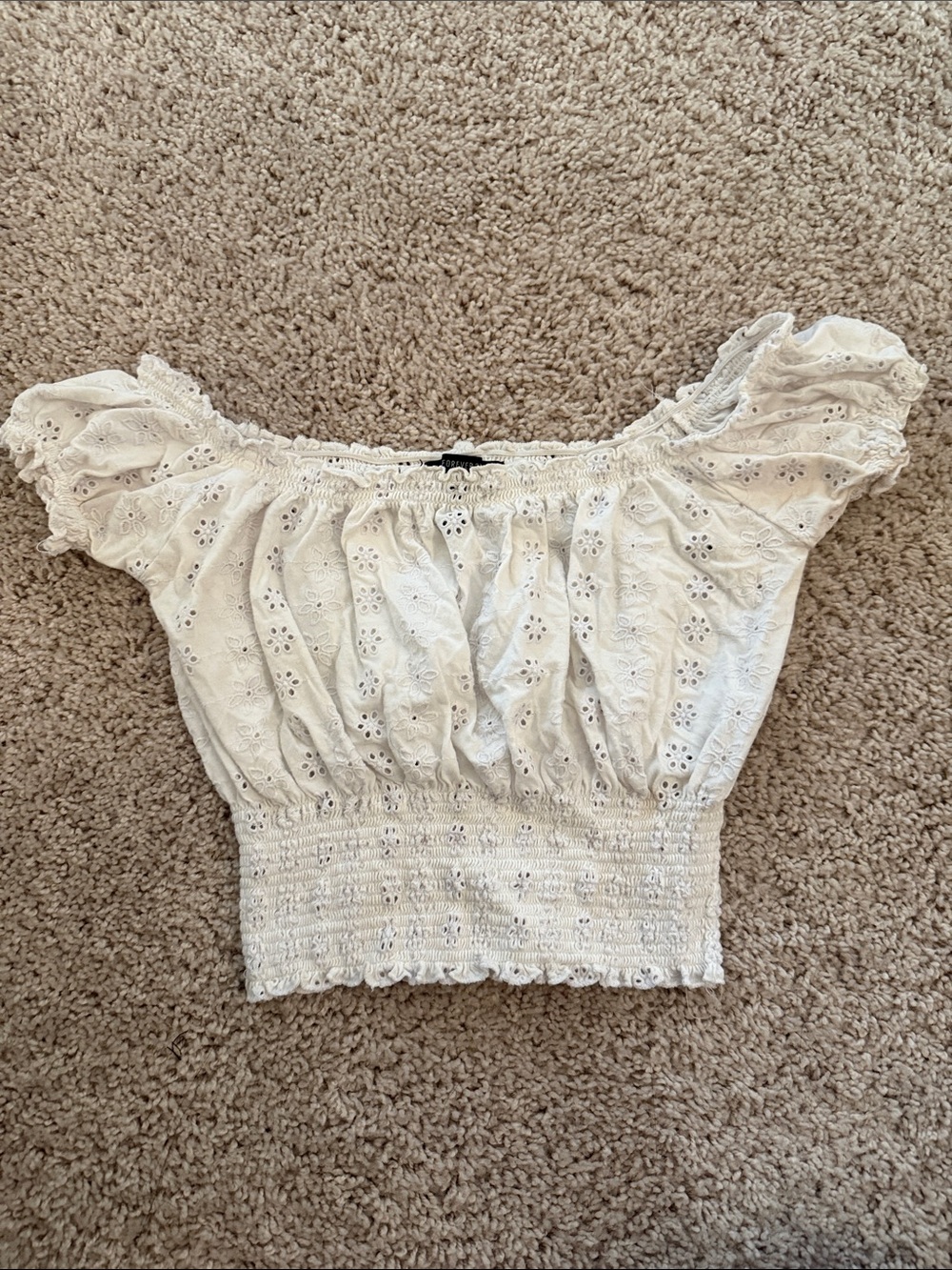 Forever 21 White Eyelet Smocked Off-Shoulder Crop Top